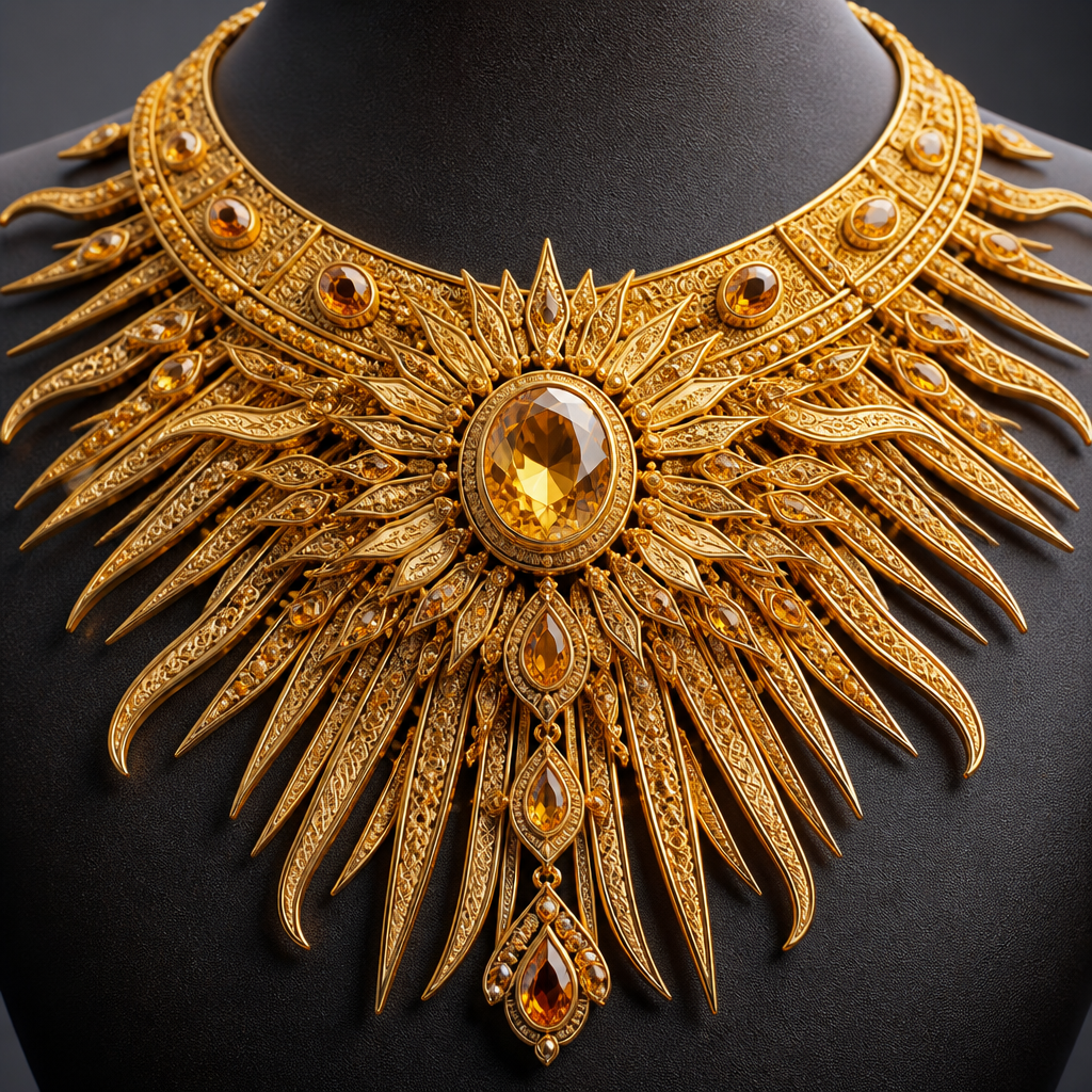 Design an extravagant 22K gold statement necklace inspired by the rays of the sun. Layered gold beams radiate outward from a central gemstone, creating a dramatic royal look. Bold, regal, and unforgettable. Premium craftsmanship, realistic gold shine, luxury jewelry photography, ultra-detailed 4K render.”
photorealistic jewelry design, Design an extravagant 22K gold statement necklace inspired by the rays of the sun. Layered gold beams radiate outward from a central gemstone, creating a dramatic royal look. Bold, regal, and unforgettable. Premium craftsmanship, realistic gold shine, luxury jewelry photography, ultra-detailed 4K render.”, byzantine style, just the design no text