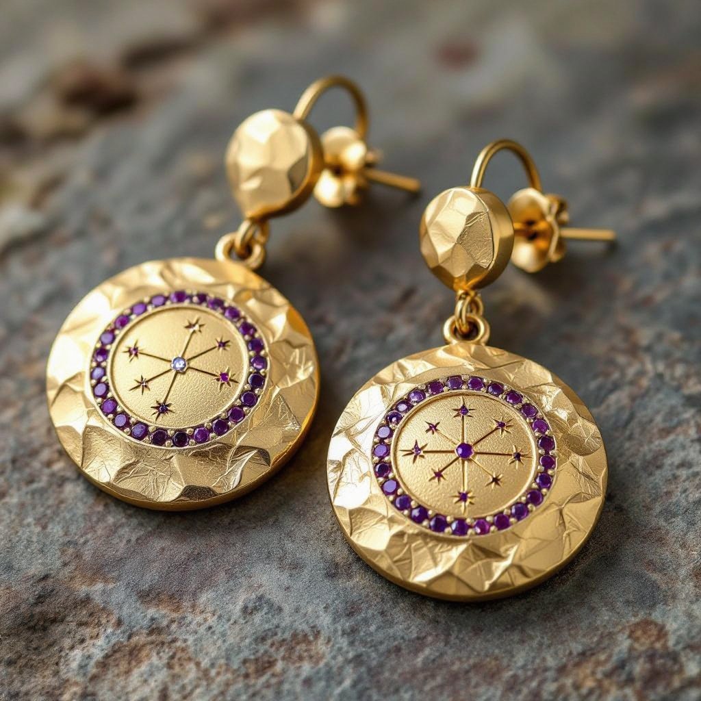 Серьги и кулон в одном стиле. Светлое матовое состаренное мятое золото. В окружности символ созвездия. Очень маленькие сиреневые камушки. 