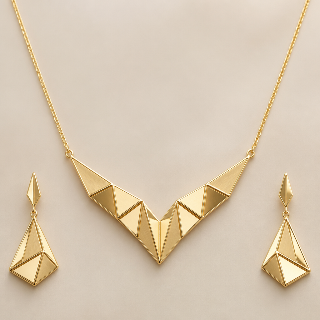 A geometric women's necklace made of gold. make earrings with it as same design
photorealistic jewelry design, A geometric women's necklace made of gold. make earrings with it as same design, geometric style, just the design no text