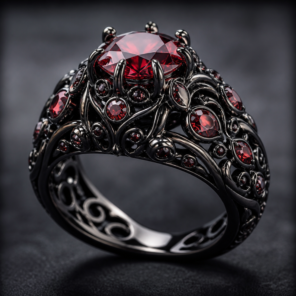 A filigree women's ring made of titanium with garnet and amethyst stones suitable for engagement, highly ornate, intricate and elaborate, richly detailed. A rare black ring with a red diamond
photorealistic jewelry design, A filigree women's ring made of titanium with garnet and amethyst stones suitable for engagement, highly ornate, intricate and elaborate, richly detailed. A rare black ring with a red diamond, filigree style, just the design no text