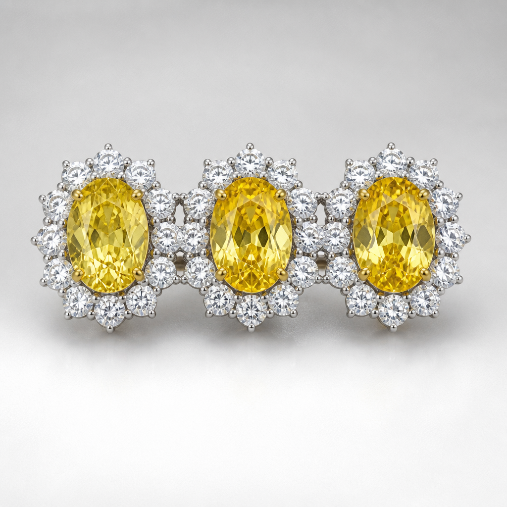 . Refinement: devono essere 3 zaffiri gialli taglio ovale contornati ognuno da diamanti
photorealistic jewelry design, . Refinement: devono essere 3 zaffiri gialli taglio ovale contornati ognuno da diamanti, Classic style, just the design no text