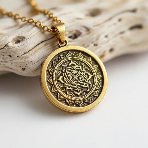 Золотой матовый кулон состаренный в виде круга, в центре изображена янтра богини кали