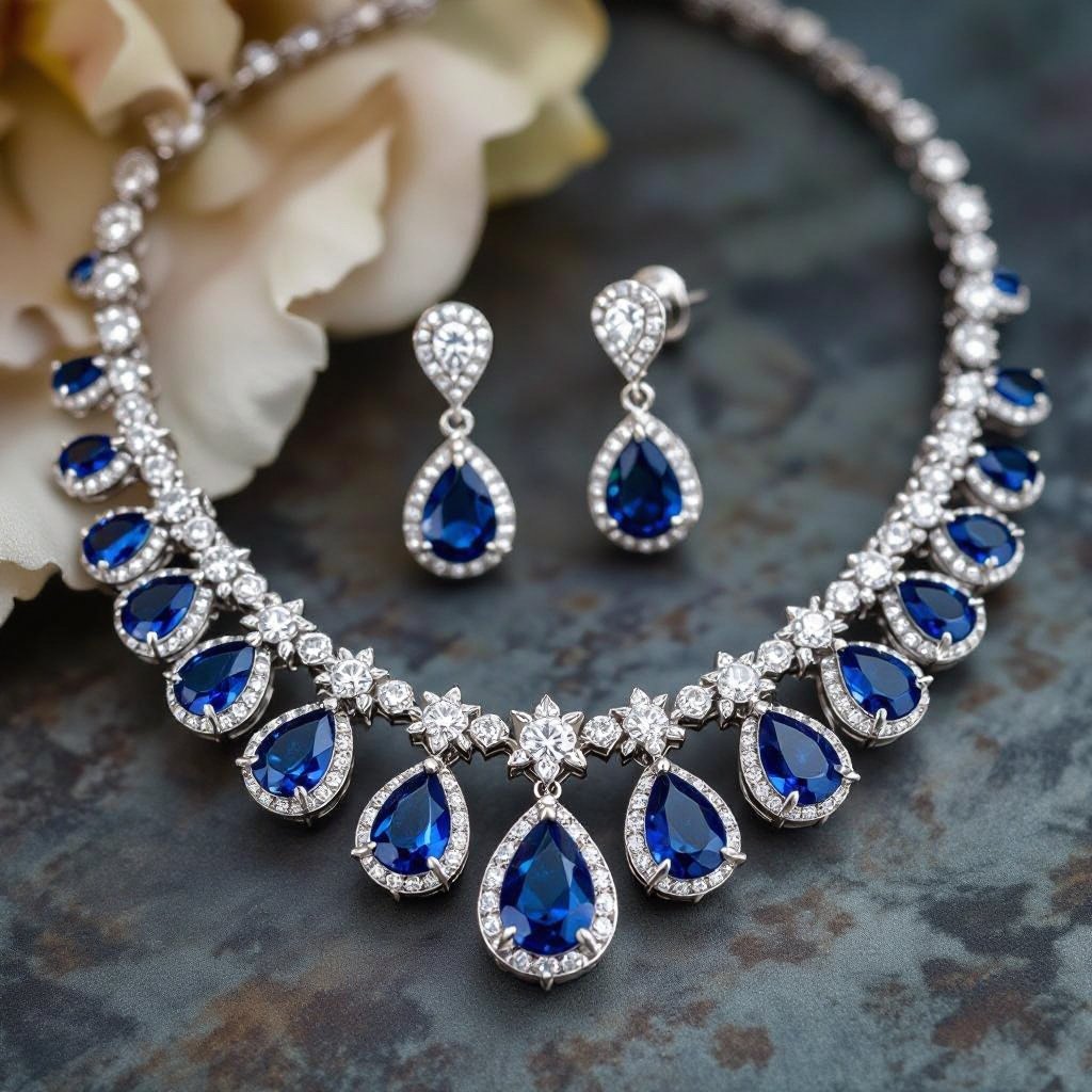 luxury necklace style and luxury earring set Platinum necks lace, sapphire pear drops, diamond accents, prong setting. Matching platinum earrings, sapphire pear drops, diamond accents, prong setting.