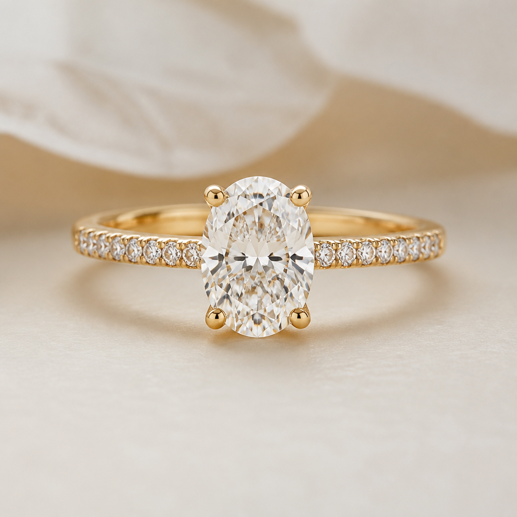A luxury women's ring with diamond stones suitable for wedding, minimalist, simple and delicate, clean lines. A 0.70-carat oval diamond is used as the center stone.
photorealistic jewelry design, A luxury women's ring with diamond stones suitable for wedding, minimalist, simple and delicate, clean lines. A 0.70-carat oval diamond is used as the center stone., luxury style, just the design no text