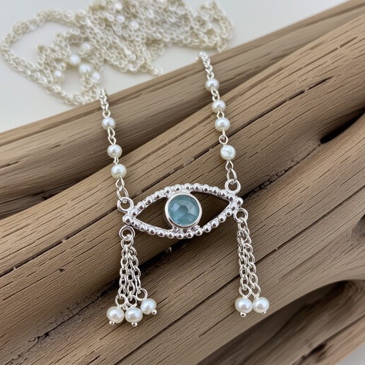 Тонкая цепочка с серебряными шариками и мелкими жемчужными камушками на цепочке есть кулон в форме глаза, зрачок глаза из аквамарина от глаза идет маленькая подвеска с серебряными цепочками разной длины