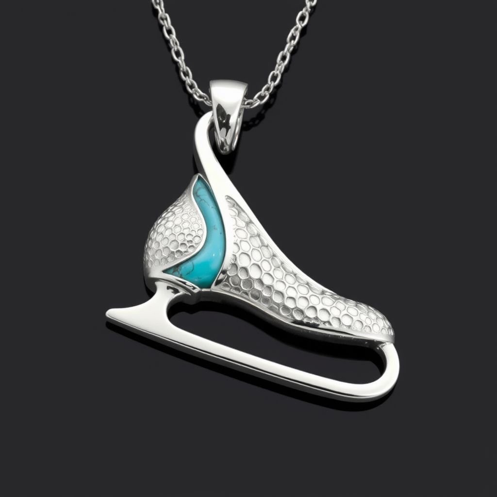 Silver Pendant shape one ice skate with turquoise stripe inside the low thin part blade 