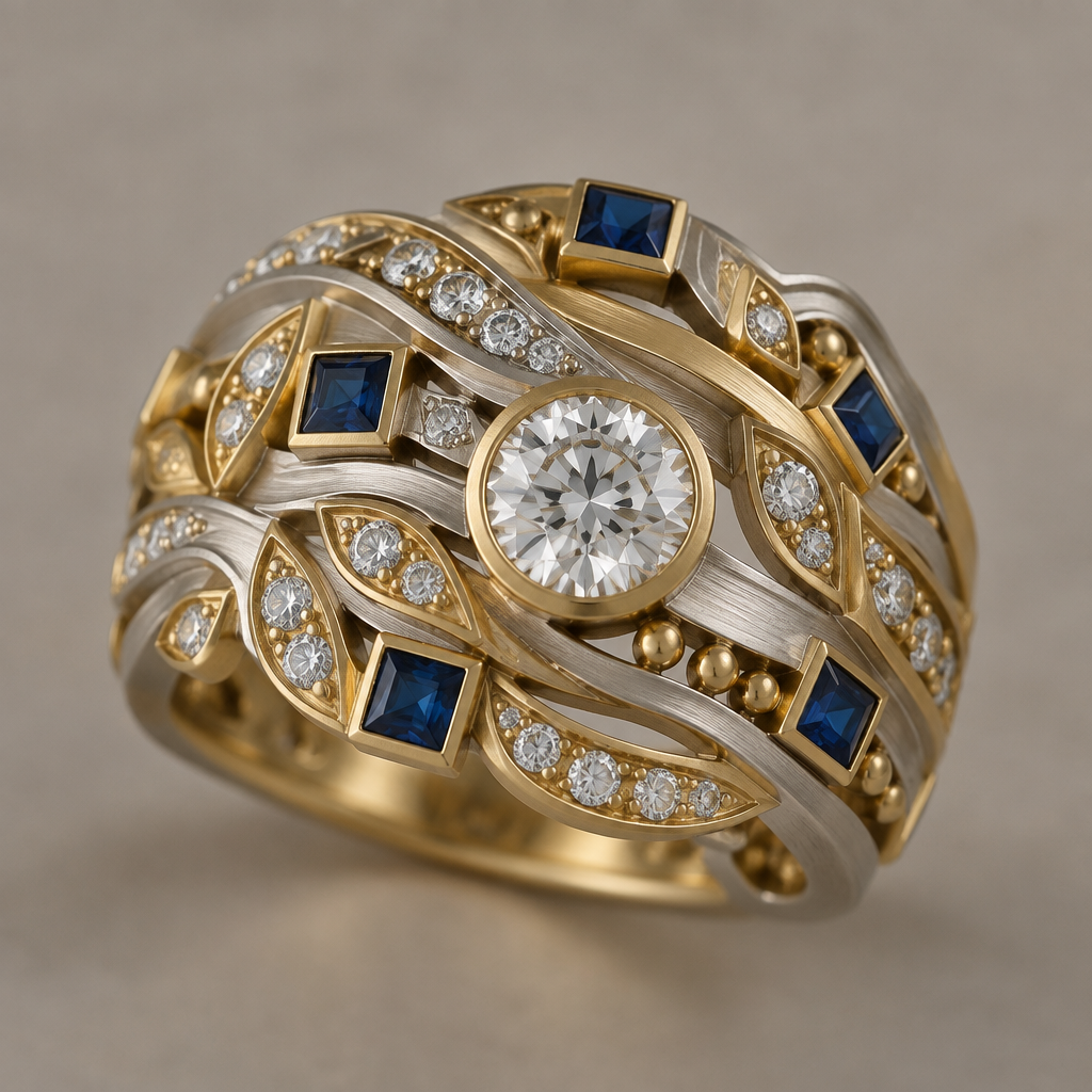 A bohemian women's ring made of mixed metal with diamond and sapphire stones. design ring using 33 .10 carat diamonds, 7 .10 carat square sapphires, and one 1.0 carat round diamond. metals should be white and yellow gold with a matte finish. do not cluster gems.
photorealistic jewelry design, A bohemian women's ring made of mixed metal with diamond and sapphire stones. design ring using 33 .10 carat diamonds, 7 .10 carat square sapphires, and one 1.0 carat round diamond. metals should be white and yellow gold with a matte finish. do not cluster gems., bohemian style, just the design no text