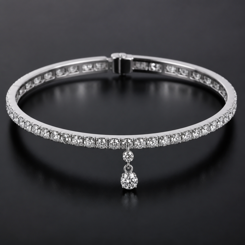 A women's ring. Diamond Bracelet with dangling Diamond
photorealistic jewelry design, A women's ring. Diamond Bracelet with dangling Diamond, modern style, just the design no text