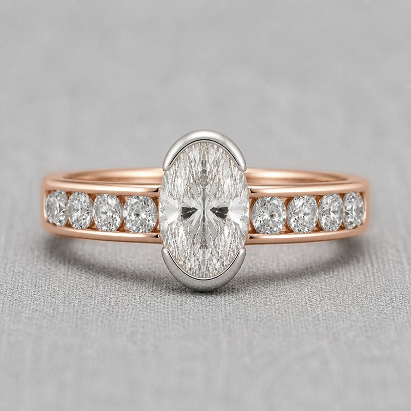 A women's ring with diamond stones. smaller ring for a size 5 finger
using the attached image as a visual reference, create A women's ring with diamond stones. smaller ring for a size 5 finger. photorealistic, just the design no text