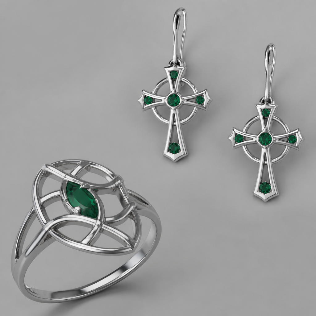 A abstract women's ring made of platinum with emerald stones. Earrings . Celtic cross.
photorealistic jewelry design, A abstract women's ring made of platinum with emerald stones. Earrings . Celtic cross., abstract style, just the design no text