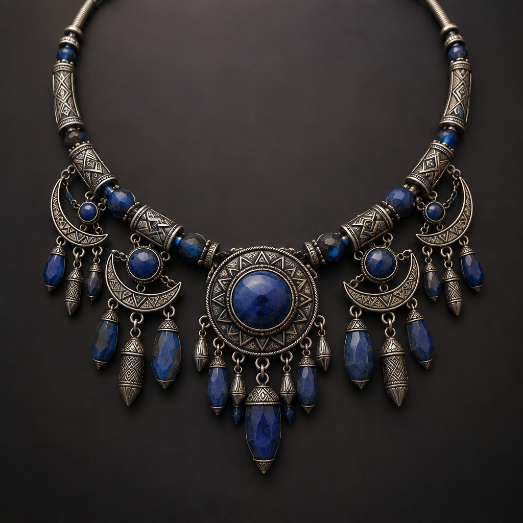 A necklace with blue gems
photorealistic jewelry design, A necklace with blue gems, tribal style, just the design no text