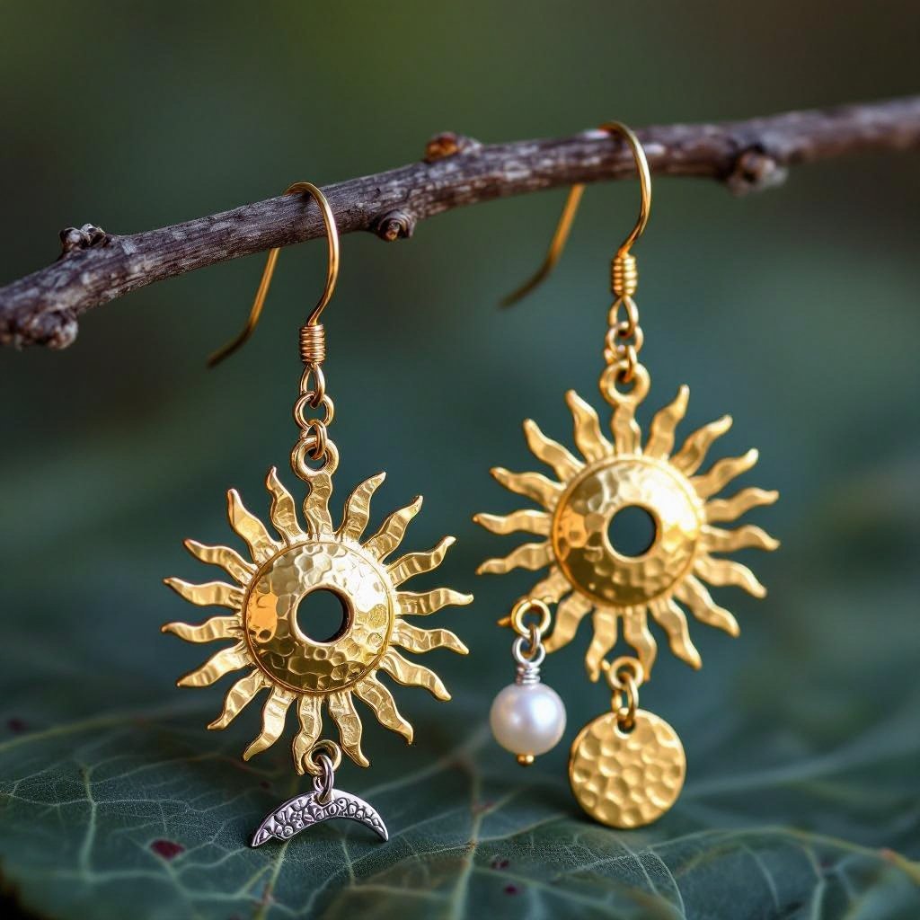 Золотые серьги словно мятое золото в форме горящего солнца с волнистыми лучами, в центре солнца круглая дыра. крепится к застежке серьги. К нижней части солнца крепятся подвески: миниатюрная серебристая луна, очень маленький жемчуг и маленький золотой кружочек с мятым эффектом плоский