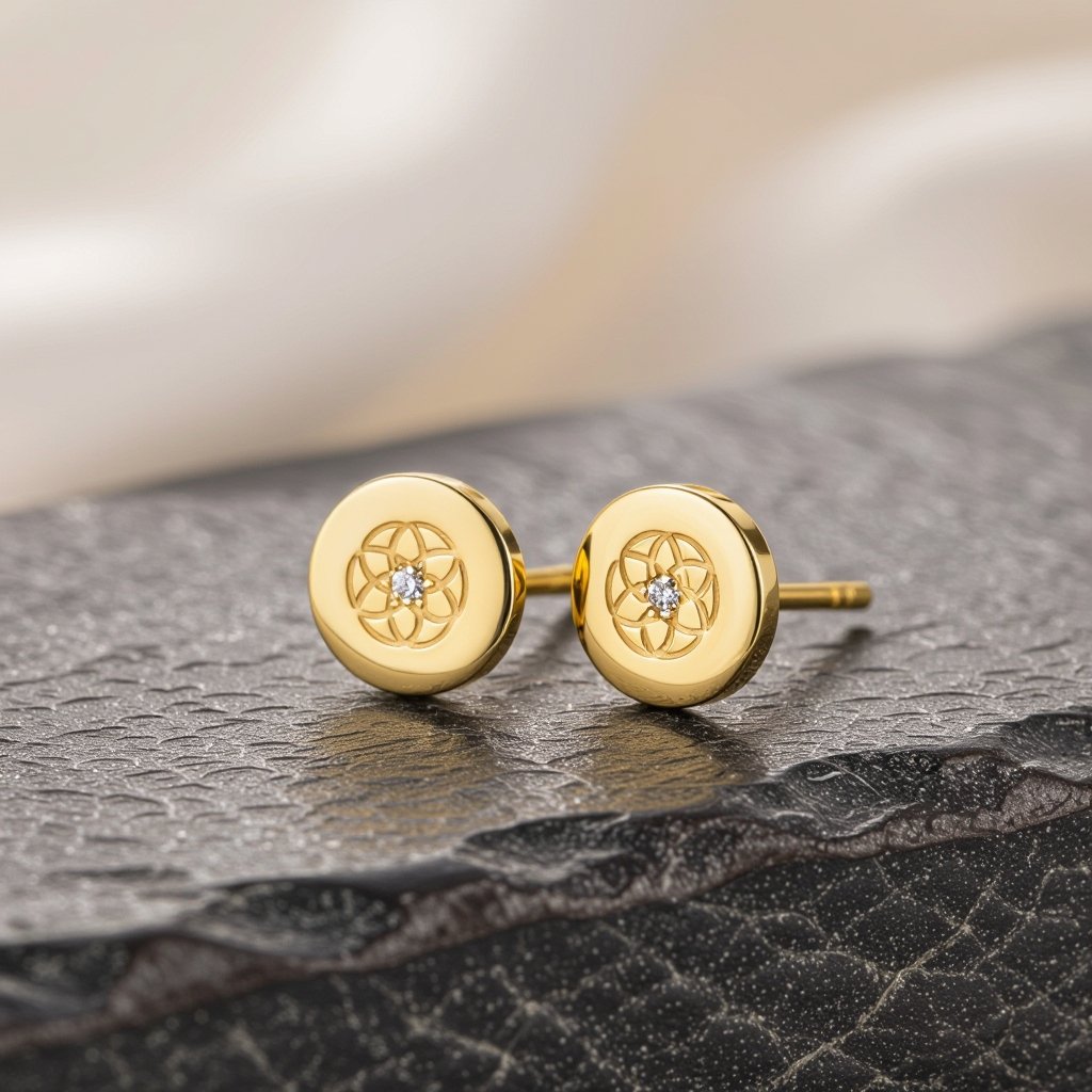 Пуссеты винтовой замок круглый символ цветка жизни с маленьким фианитом по центру