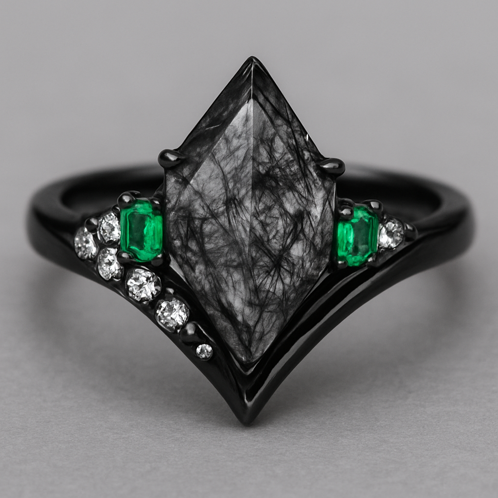Kite cut Black rutilated quartz with 1 emerald on each side and 3 moissanite on each side accent stones in a cluster on a black band, second band black with moissanite stones that curves around the main stone 