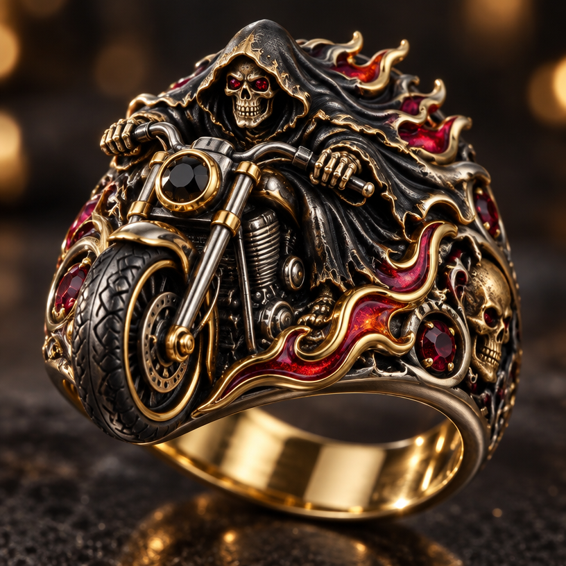 A victorian women's ring made of mixed metal suitable for party, detailed and decorative, moderately ornate. reaper on a motorcycle
using the attached image as a visual reference, create A victorian women's ring made of mixed metal suitable for party, detailed and decorative, moderately ornate. reaper on a motorcycle. photorealistic, just the design no text