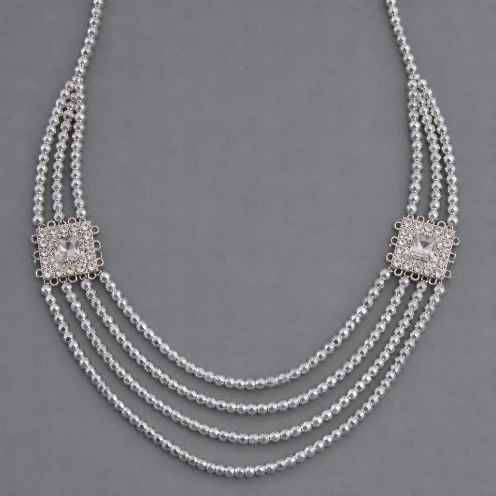 A women's necklace, detailed and decorative, moderately ornate. из граненных серебряных бусин, квадратная вставка со стразами, у вставки по 5 ушек с двух сторон для крепления, бисер мелкий прозрачный. должно быть пять нитей, вверху объединяются в одну
photorealistic jewelry design, A women's necklace, detailed and decorative, moderately ornate. из граненных серебряных бусин, квадратная вставка со стразами, у вставки по 5 ушек с двух сторон для крепления, бисер мелкий прозрачный. должно быть пять нитей, вверху объединяются в одну, modern style, just the design no text