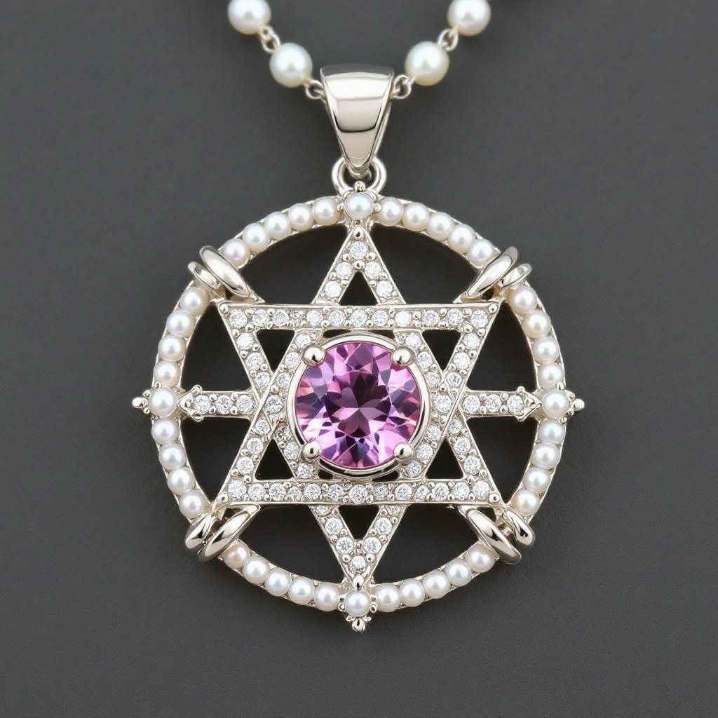 A Merkabah symbol with pink quartz and pearls