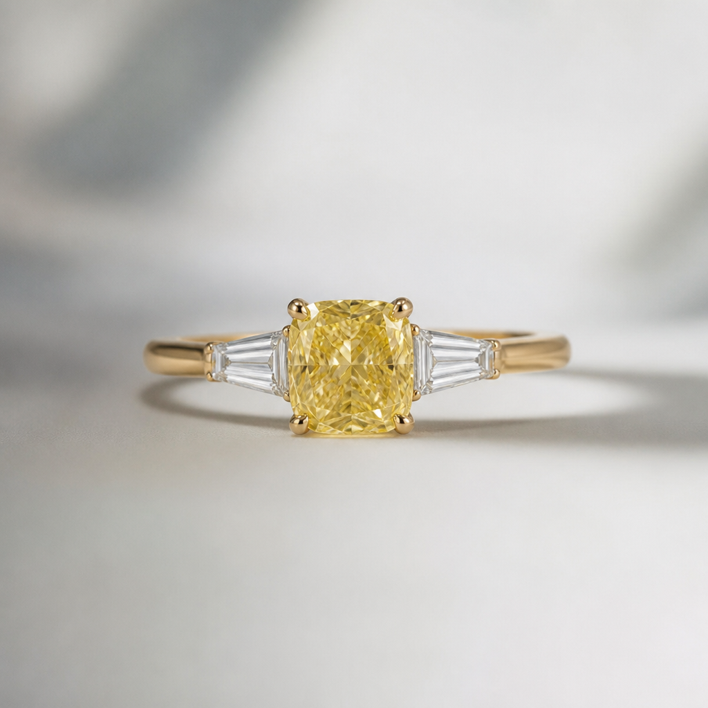Centre single fancy colour stone and sides with tappers shape diamond
photorealistic jewelry design, Centre single fancy colour stone and sides with tappers shape diamond, minimalist style, just the design no text