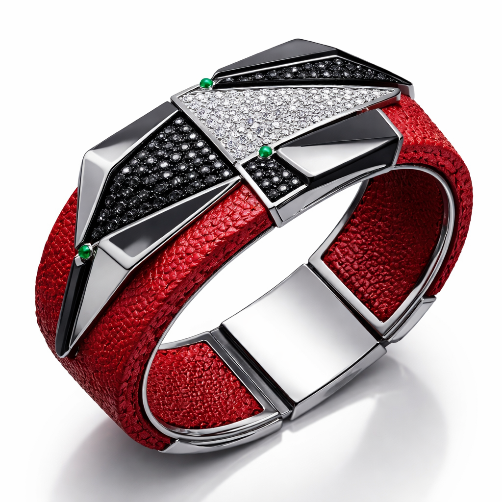 Moder Geomatric red leather bangle of architecture and bold and edgy shape and elements of white and black diamonds for unisex of white background addind small green stones