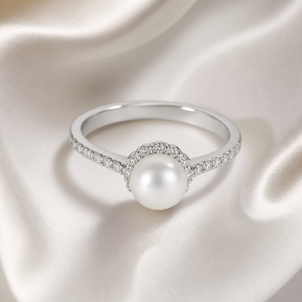A luxury women's ring made of white gold with pearl stones suitable for engagement. assez style clean girl, femme entrepren1nte, rom1ntique et simple
photorealistic jewelry design, A luxury women's ring made of white gold with pearl stones suitable for engagement. assez style clean girl, femme entrepren1nte, rom1ntique et simple, luxury style, just the design no text
