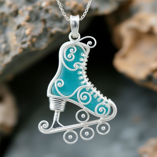 Silver Pendant shape one ice skate with turquoise stripe inside the low thin part blade