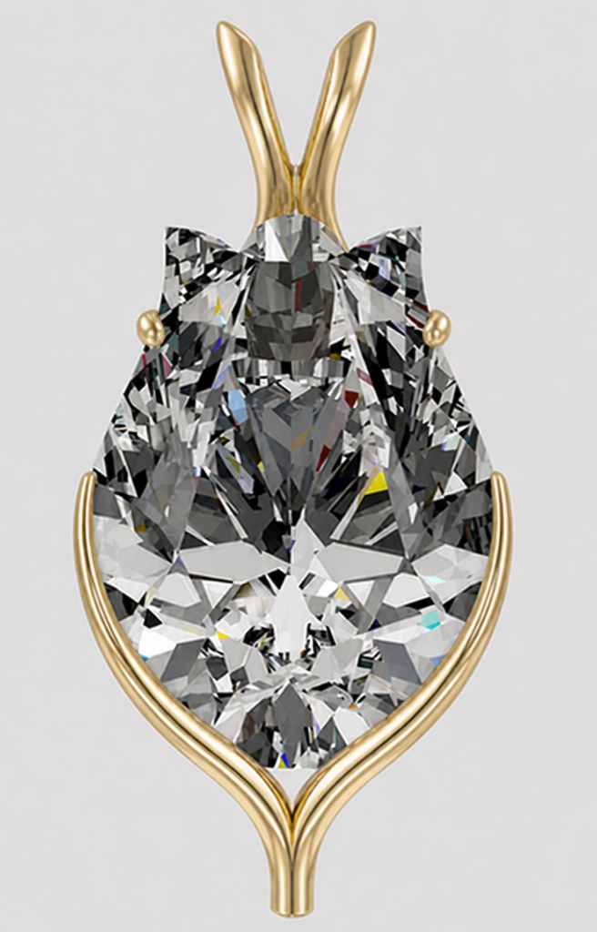 Edit this exact pendant. Preserve the stone and lower support. Add two delicate upper prongs near the upper shoulders. Create a proprietary split bail above the stone: two separate slender gold arms rise upward and form a narrow sculptural opening for the chain, reading as a refined signature feature rather than a standard loop. Keep it elegant, airy and luxurious.
Edit this exact pendant. Preserve the stone and lower support. Add two delicate upper prongs near the upper shoulders. Create a proprietary split bail above the stone: two separate slender gold arms rise upward and form a narrow sculptural opening for the chain, reading as a refined signature feature rather than a standard loop. Keep it elegant, airy and luxurious.