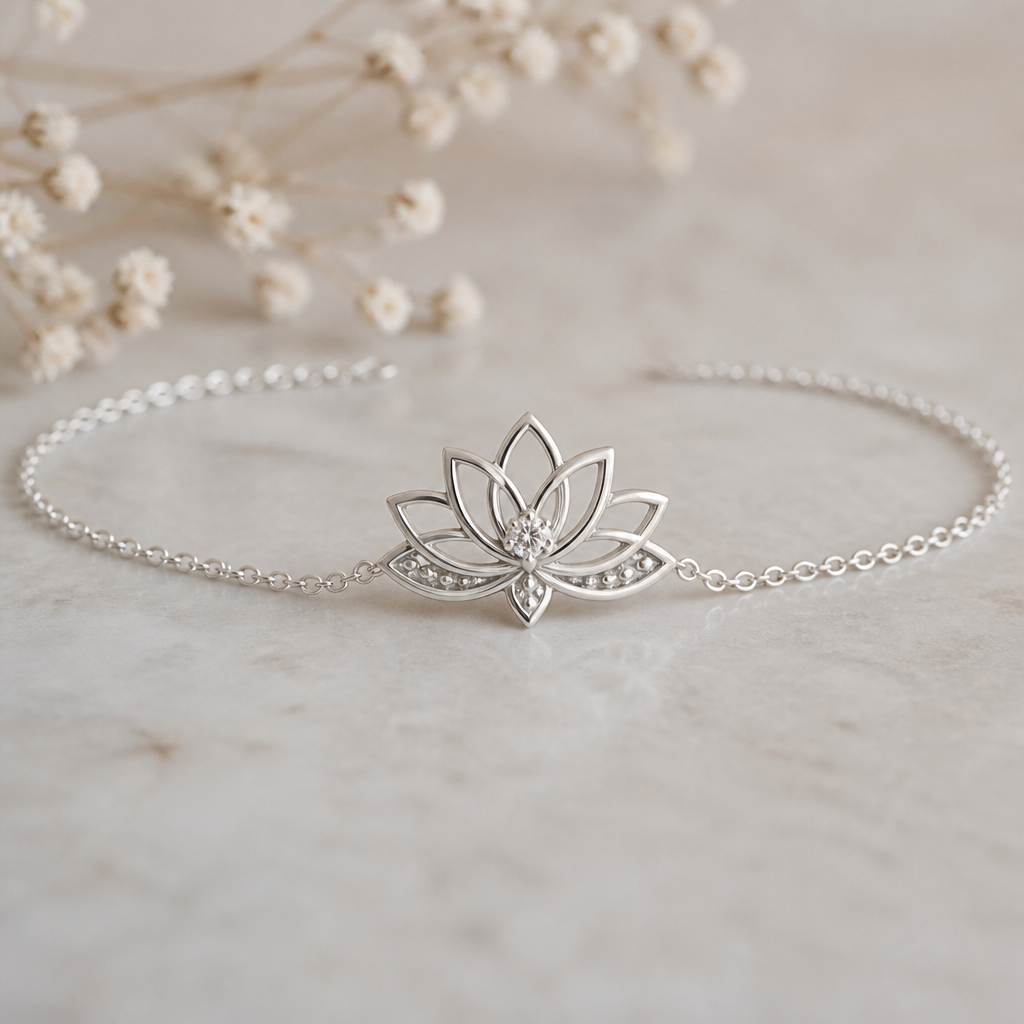 A minimalist women's bracelet made of silver with diamond stones. minimaliste avec un beau lotus avec quelque details delicat avec 1 diamant dans le milieu super féminin, je veux que l'attache avec la chaine soit la plus discret possible
photorealistic jewelry design, A minimalist women's bracelet made of silver with diamond stones. minimaliste avec un beau lotus avec quelque details delicat avec 1 diamant dans le milieu super féminin, je veux que l'attache avec la chaine soit la plus discret possible, minimalist style, just the design no text