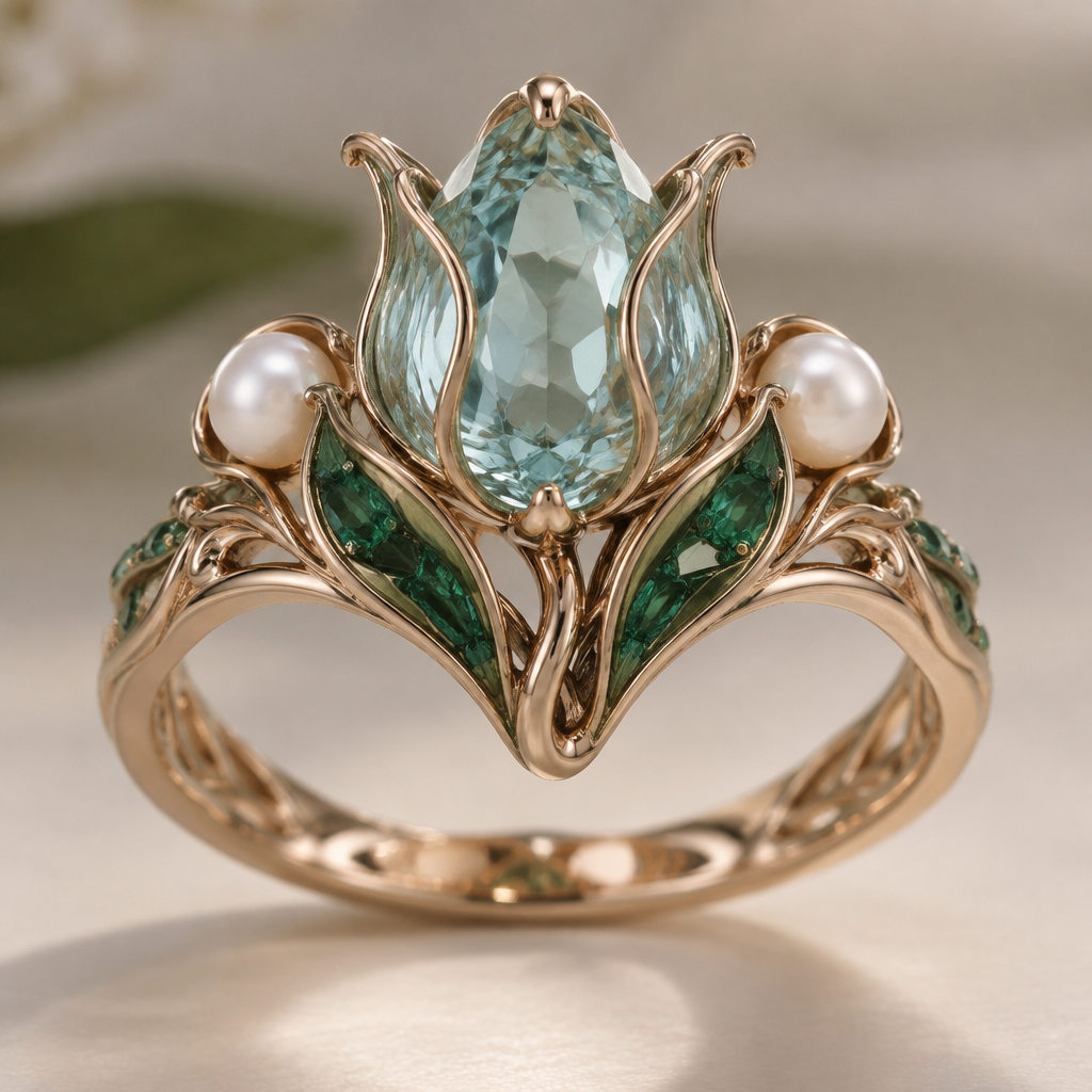 A art nouveau women's ring made of rose gold with emerald and pearl and aquamarine stones suitable for engagement, detailed and decorative, moderately ornate. un anillo con forma de un tulipanes la flor de aguamarina y sus hojas de color esmeralda y a cada lado un par de perlas
photorealistic jewelry design, A art nouveau women's ring made of rose gold with emerald and pearl and aquamarine stones suitable for engagement, detailed and decorative, moderately ornate. un anillo con forma de un tulipanes la flor de aguamarina y sus hojas de color esmeralda y a cada lado un par de perlas, art_nouveau style, just the design no text