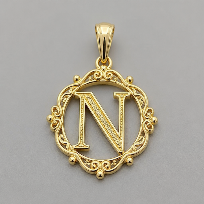 A luxury women's pendant made of gold, detailed and decorative, moderately ornate. dije de 3 gramos con inicial N
using the attached image as a visual reference, create A luxury women's pendant made of gold, detailed and decorative, moderately ornate. dije de 3 gramos con inicial N. photorealistic, just the design no text