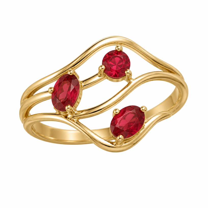 A nature women's ring made of gold with ruby stones suitable for birthday. 3 stones, same size, 1 round 2 oval,
3 stripes each stone on a different stripe, all 3 connected, like the sketch
using the attached image as a visual reference, create A nature women's ring made of gold with ruby stones suitable for birthday. 3 stones, same size, 1 round 2 oval,
3 stripes each stone on a different stripe, all 3 connected, like the sketch. photorealistic, just the design no text