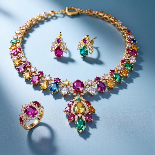 Necklace and ring and earring with luxury colorful jewel with gold