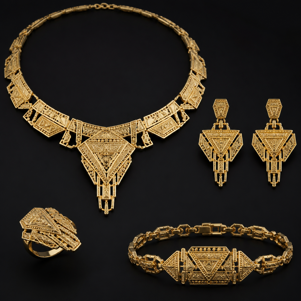 A geometric women's necklace made of gold, highly ornate, intricate and elaborate, richly detailed. make earrings and ring and bracelet with it as same design
photorealistic jewelry design, A geometric women's necklace made of gold, highly ornate, intricate and elaborate, richly detailed. make earrings and ring and bracelet with it as same design, geometric style, just the design no text