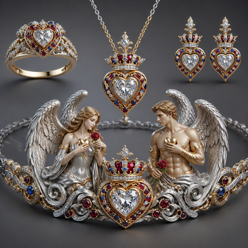 A modern women's ring made of mixed metal with diamond and ruby and sapphire stones suitable for wedding. An extraordinary beautiful delicate elegant and excellent set of jewelry with a beautiful delicate and elegant ring, two ear rings, a pendant and a bracelet with a heart at the middle and a diamond in the middle of the heart over the heart to be placed a beautiful delicate and elegant queen crown with a diamond in the middle and rubies and sapphires all around the crown, with an extraordinary beautiful delicate and elegant female Angel with a beautiful delicate and elegant face with long hair holding a heart with Her right hand and a rose with Her left hand at the right side of the heart and an extraordinary beautiful delicate and elegant male Angel with an extraordinary beautiful delicate elegant and fit body with a beautiful delicate and elegant face with short hair holding a heart with His right hand and a rose with His left hand at the left side of the heat.