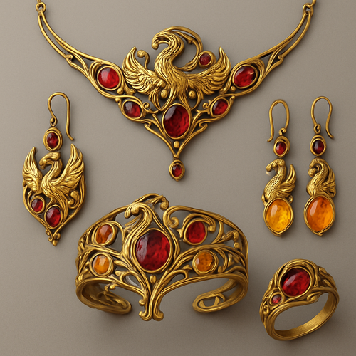 A full Ruby jewelry set including bracelet, earrings and rings with at least 10 citrine and topaz inlays with phoenix themes and an omega necklace