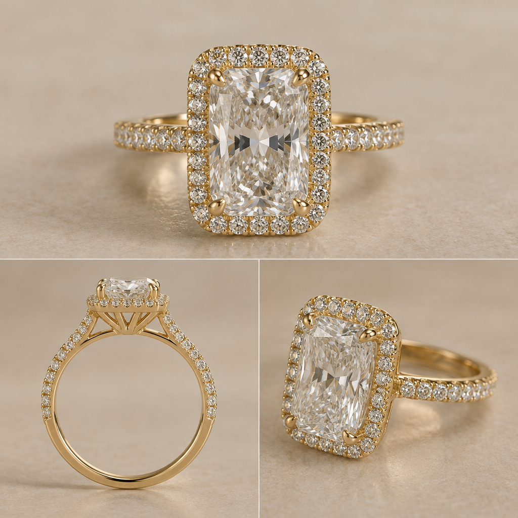 3 carat radiant center with pave hallo 14k yellow gold and pave on the ring band
photorealistic jewelry design, 3 carat radiant center with pave hallo 14k yellow gold and pave on the ring band, bespoke style, just the design no text