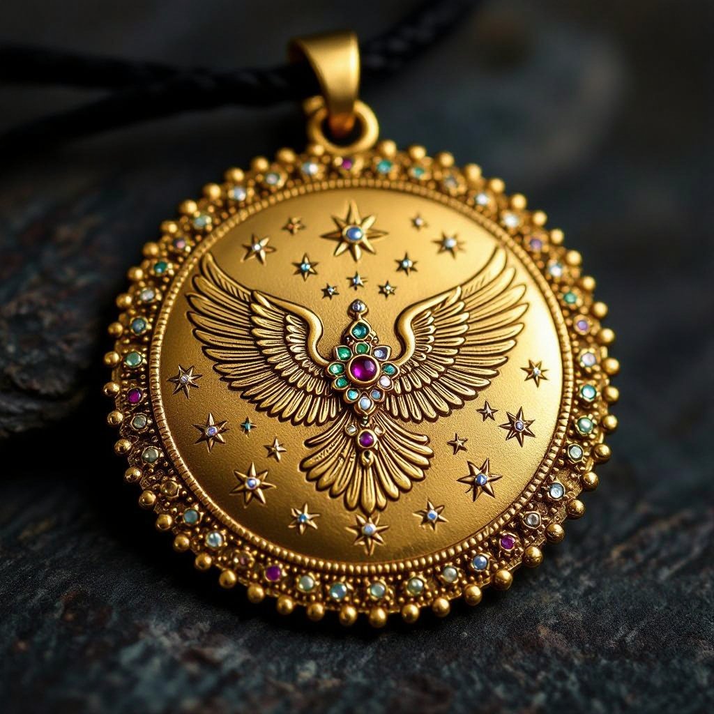Золотой матовый медальон в форме неровного круга с неровными краями. По краям выпуклые точки сплошной линией. На круге выгравирован ангел без фигуры, видно только крылья и вокруг здездочки и разные узоры и украшен миниатюрными камнями