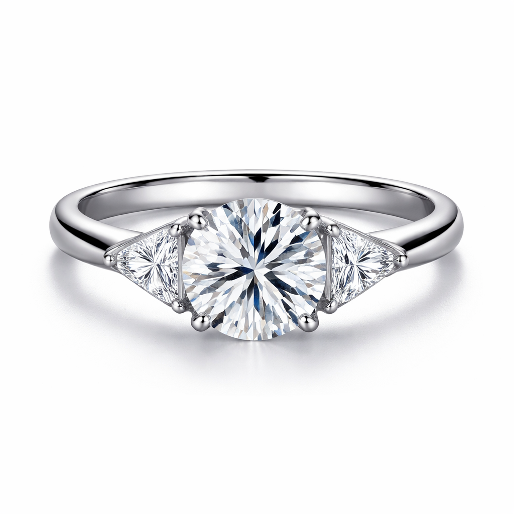 Round center stone with triangle stone each side
Round center stone with triangle stone each side , modern style