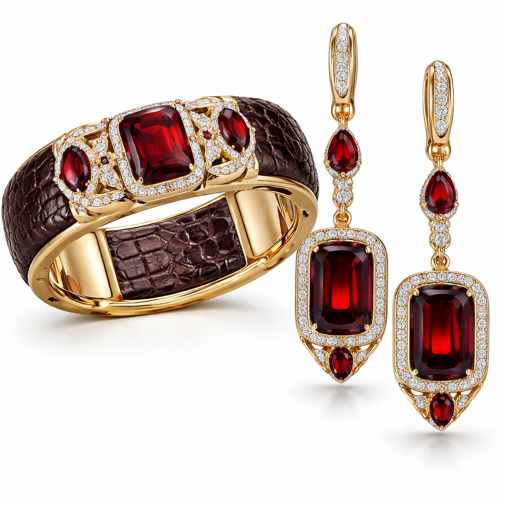 Create bracelet for Brahmin with crocodile leather patterns with garnets in gold with matching earrings
