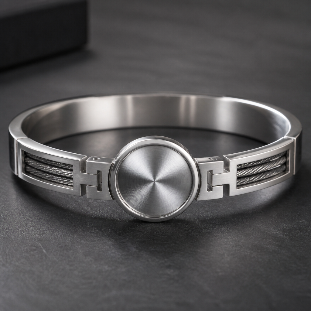 A men's ring. a silver kada with round center name nilesh
photorealistic jewelry design, A men's ring. a silver kada with round center name nilesh, modern style, just the design no text