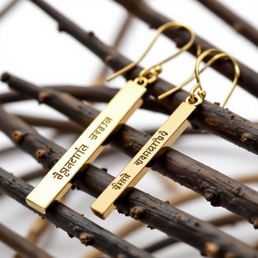 Золотые матовые серьги. На подвеска и виде тонкого длинного прямоугольника. На нем написана мантра Асатома на санскрите. 