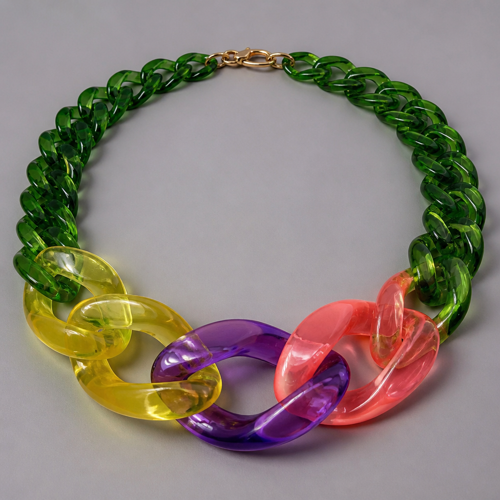A women's necklace. create a chunky Cuban links style plastic necklace that is graduated and exaggerated in the first three links of translucent colors with the back part being green like a flower stem and the front part being yellow, purple, and Salma n pink
photorealistic jewelry design, A women's necklace. create a chunky Cuban links style plastic necklace that is graduated and exaggerated in the first three links of translucent colors with the back part being green like a flower stem and the front part being yellow, purple, and Salma n pink, modern style, just the design no text