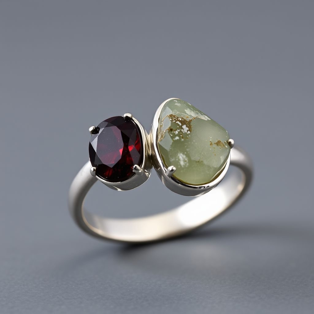 Craft a minimalist silver adjustable ring that delicately embraces the finger. Feature two striking raw natural gemstones—allowing their organic textures and colors to stand out. The design exudes earthy elegance, merging modern style with raw, untamed nature.