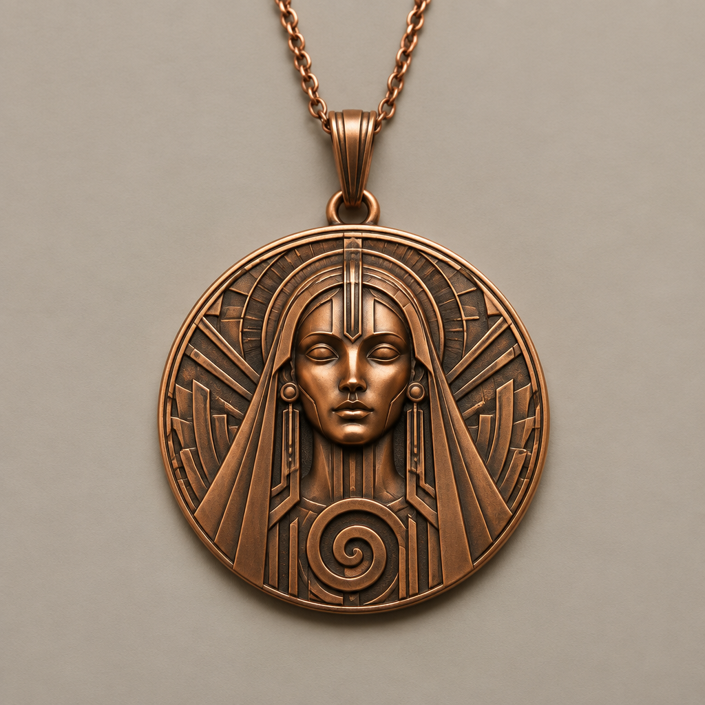 A art deco women's necklace made of copper suitable for daily wear. a spiral with a android woman with vail facing foward on a coin style
photorealistic jewelry design, A art deco women's necklace made of copper suitable for daily wear. a spiral with a android woman with vail facing foward on a coin style, art_deco style, just the design no text