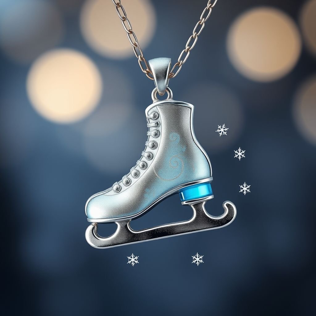 Silver Pendant shape one ice skate with turquoise stripe inside the low thin part blade 