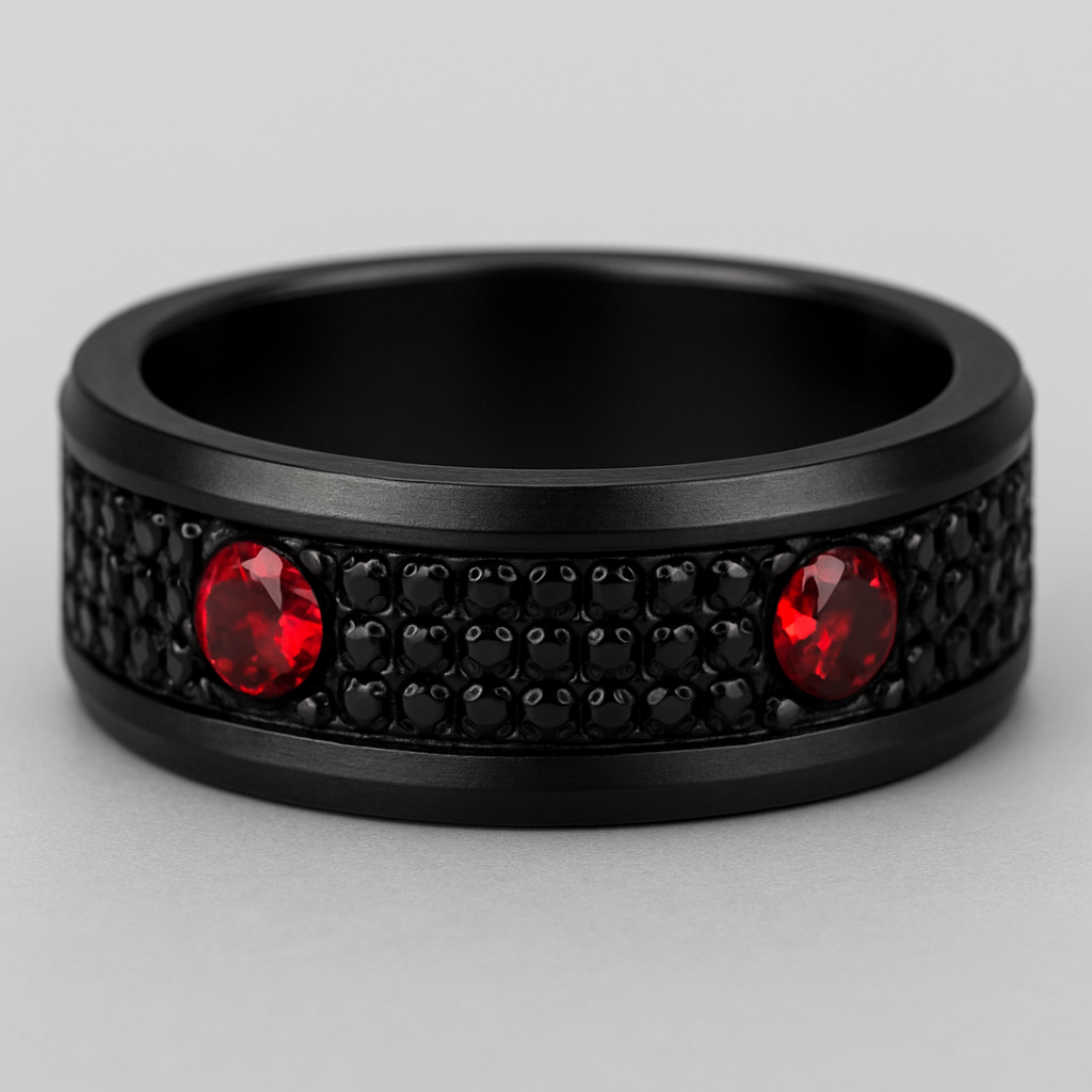 Men’s thick wedding band black with black stones and 2 rubies 