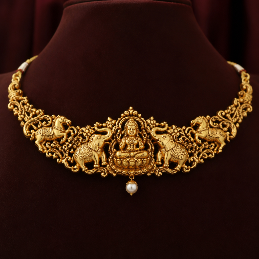 A classic women's necklace made of gold suitable for wedding. choker with lakshmi in the centre sitting on a lotus with elephants and horses on both sides and mango beads. Refinement: remove mango beads and add a single pearl at the centre
photorealistic jewelry design, A classic women's necklace made of gold suitable for wedding. choker with lakshmi in the centre sitting on a lotus with elephants and horses on both sides and mango beads. Refinement: remove mango beads and add a single pearl at the centre, just the design no text