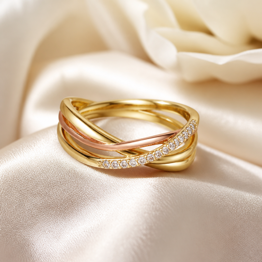 A women's ring. demi fined jewelry.... trendy yet unique....gold and rose gold in color.....for page named KT jewelry....fresh new girly elegant jewelry pieces like earrings ring bracelet neckpiece ankle
photorealistic jewelry design, A women's ring. demi fined jewelry.... trendy yet unique....gold and rose gold in color.....for page named KT jewelry....fresh new girly elegant jewelry pieces like earrings ring bracelet neckpiece ankle, modern style, just the design no text