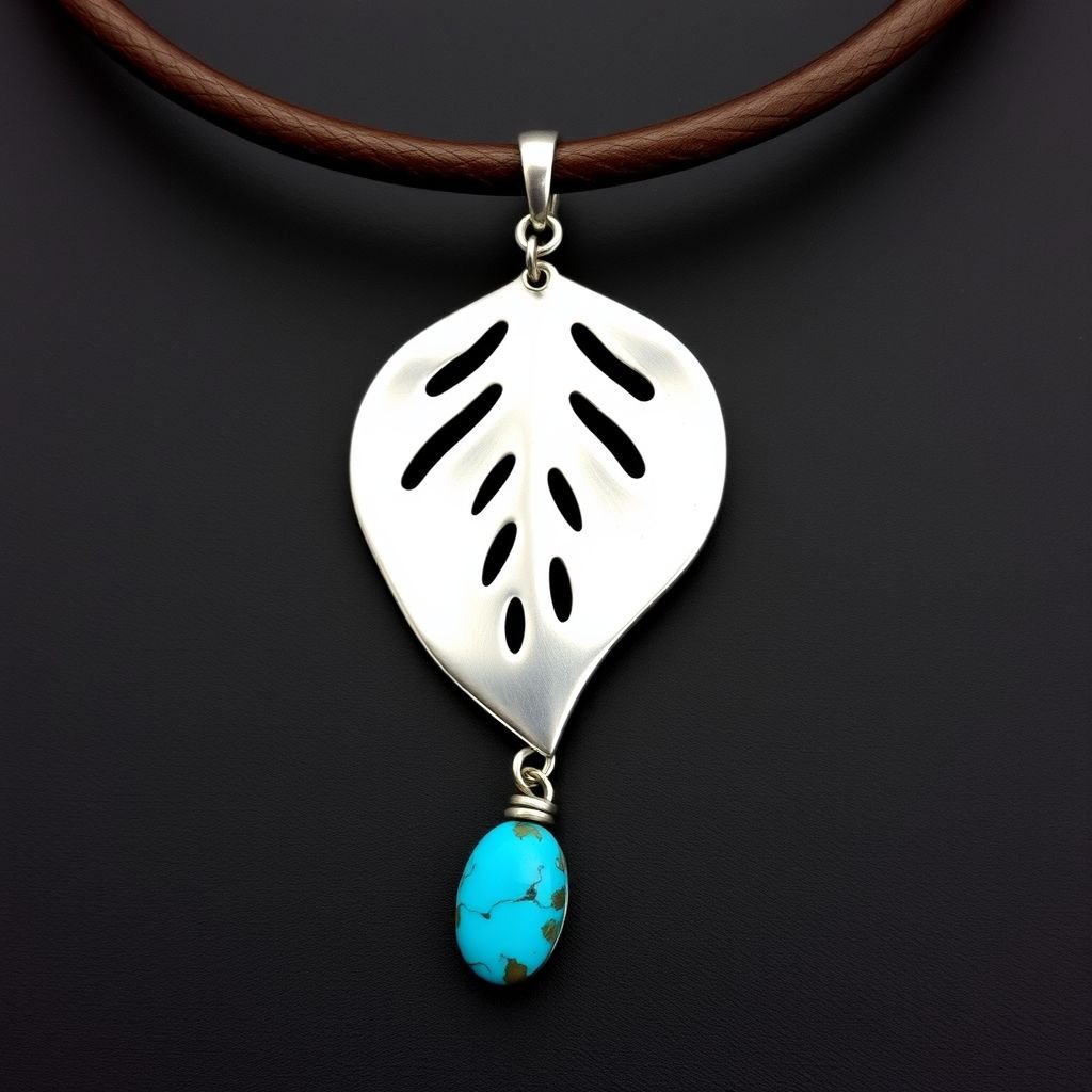 Modern stylish necklace on thick leather cord with big silver pendant and stone charm 