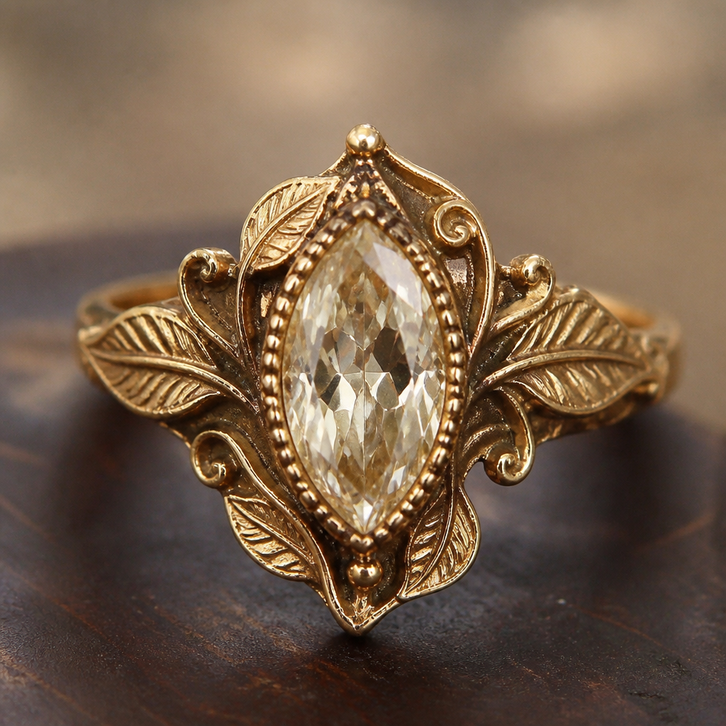 Something that is old and vintage with. A marquis stone
Yellow gold banding with leaf or vine designs
photorealistic jewelry design, Something that is old and vintage with. A marquis stone
Yellow gold banding with leaf or vine designs
, vintage style, just the design no text