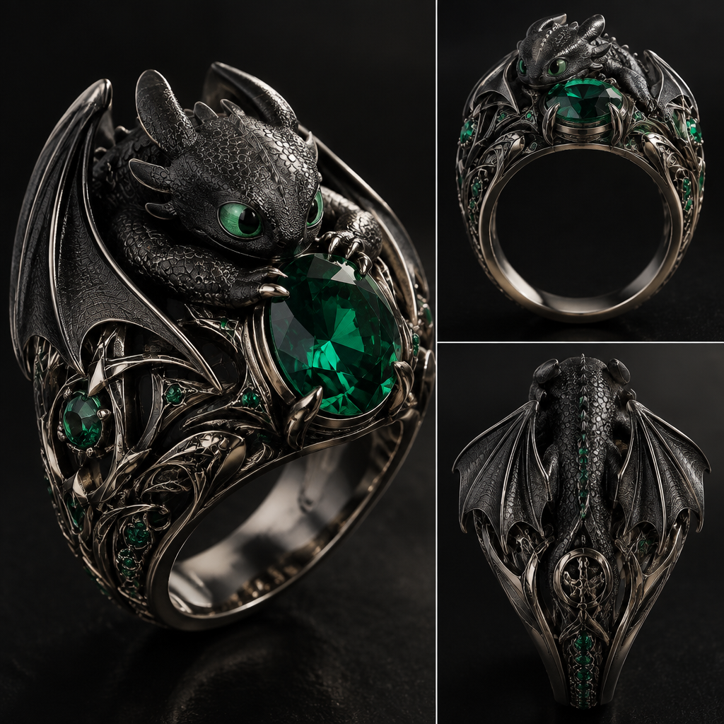 A men's ring with emerald stones, highly ornate, intricate and elaborate, richly detailed. Quiero un diseño de anillo que sea de graduacion de primaria en forma de el dragon chimuelo el furia nocturna que ponga mi nombre Frank
photorealistic jewelry design, A men's ring with emerald stones, highly ornate, intricate and elaborate, richly detailed. Quiero un diseño de anillo que sea de graduacion de primaria en forma de el dragon chimuelo el furia nocturna que ponga mi nombre Frank, modern style, just the design no text